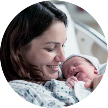 Uśmiechnięta mama przytulająca noworodka w szpitalnym łóżeczku.